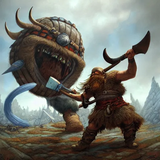 Prompt: viking fighting against a giant by justin gerard, deviantart