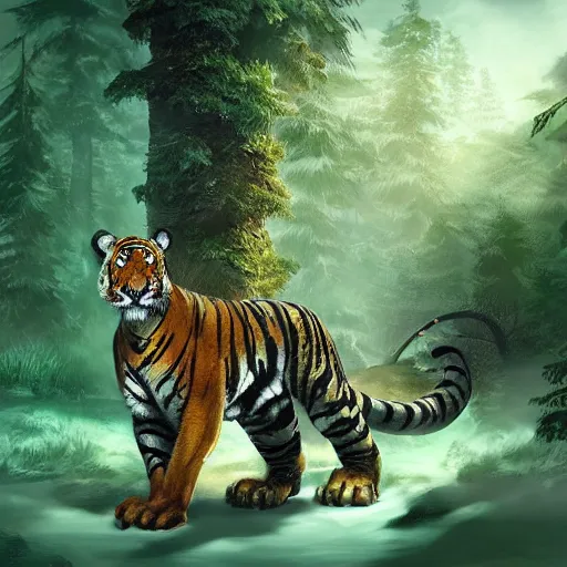 Image similar to a dragon and a tiger hybrid in the forest, dynamic lighting, photorealistic concept art, stunning visuals, creative, cinematic, ultra detailed, best detail