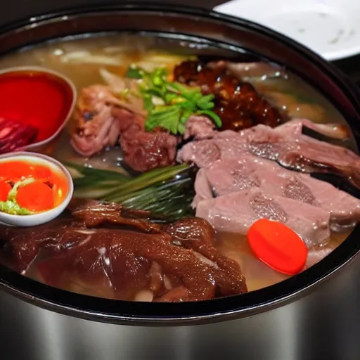 Prompt: high - end hot pot restaurant serving chinese dragon meat