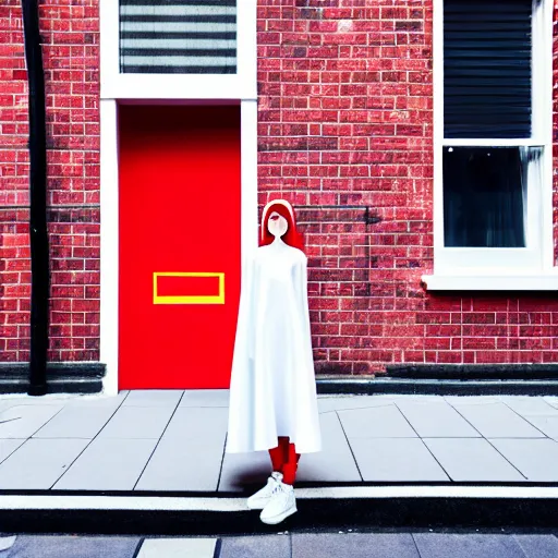 Prompt: un ultra high definition modern streetwear art photographic portrait of a female designer standing outside her red brick london home wearing all white. wide angle. three point light. golden hour, golden ratio, ray tracing, volumetric light and shadow, shallow depth of field.