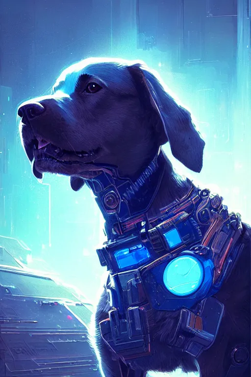 Image similar to a beautiful portrait of a cute cyberpunk dog with blue tinted starfield in the background by greg rutkowski and wlop, digital art, highly detailed, fine detail, intricate, ornate, complex