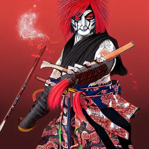 Image similar to an insane kabuki warrior wielding a spear while emitting a visible aura of madness, intricate hakama, red wig, crossed eyes, hazy atmosphere, high energy, trending on artstation, detailed concept art,