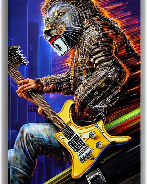 Image similar to a portrait of an anthropomorphic cyberpunk roaring lion shredding an electric guitar as the guitar melts by sandra chevrier, by jon foster, detailed render, tape deck, epic composition, cybernetics, 4 k realistic, cryengine, realistic shaded lighting, sharp focus, masterpiece, by enki bilal