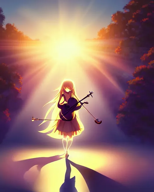 Image similar to anime style, creative, full body, a cute girl with white skin and golden long wavy hair holding a violin and playing a song, heavenly, stunning, realistic light and shadow effects, happy, centered, landscape shot, happy, simple background, studio ghibly makoto shinkai yuji yamaguchi