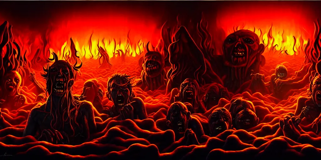 Prompt: repressed emotion creatures and monsters at the mouth of hell, dramatic lighting glow from giant fire, attempting to escape and start a revolution, in a dark surreal painting by ronny khalil