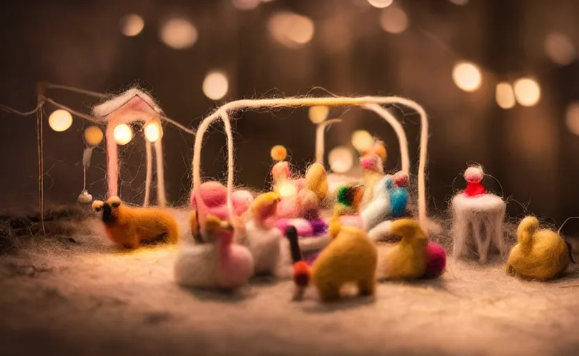 Image similar to mini cafe diorama macro photography, needle felted animals, ambient, atmospheric photograph, string lights, romantic