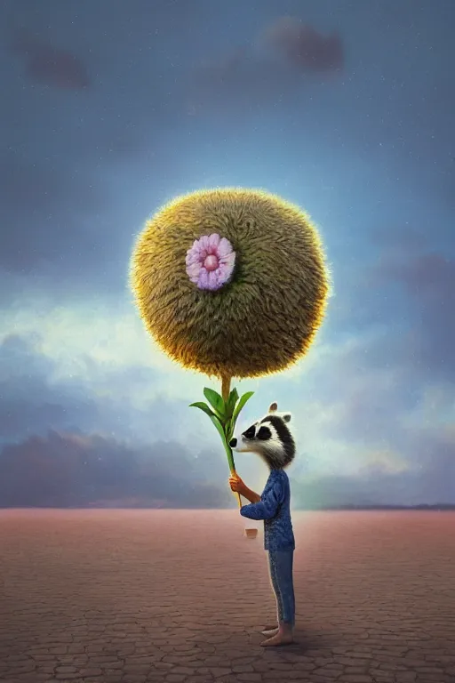 Prompt: giant daisy flower head, anthropomorphic raccoon on salt flats, surreal photography, sunrise, dramatic light, impressionist painting, colorful clouds, digital painting, artstation, simon stalenhag