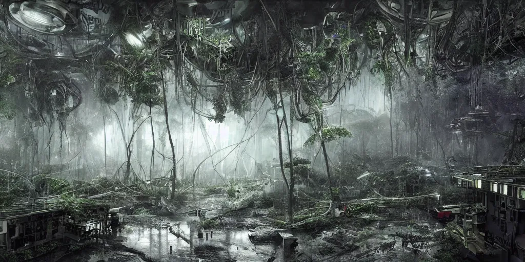 Prompt: astonishingly detailed photograph of a sci-fi research outpost in a thick jungle environment, moist and foggy, mysterious, futuristic architecture, dark sci-fi atmosphere, film grain,