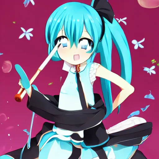 Image similar to hatsune miku with with a ladle in hands cooking food, high quality anime art, cute art, trending on pixiv