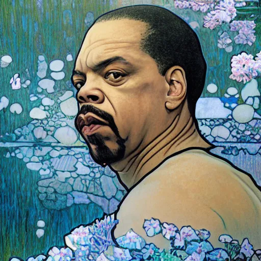 Prompt: ice - t, water, glass, ice cube, by alfons mucha, golden hour, realistic, body shot, sharp focus, 8 k high definition, insanely detailed, intricate, elegant, cherry blossoms