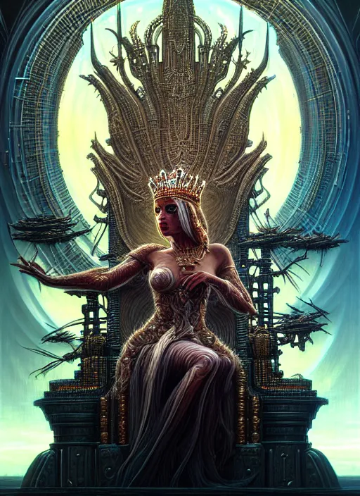 Image similar to closeup portrait shot of beautiful queen on cybertronic throne praying in a scenic dystopian environment, intricate, elegant, highly detailed, centered, digital painting, artstation, concept art, smooth, sharp focus, illustration, artgerm, tomasz alen kopera, peter mohrbacher, donato giancola, joseph christian leyendecker, wlop, boris vallejo