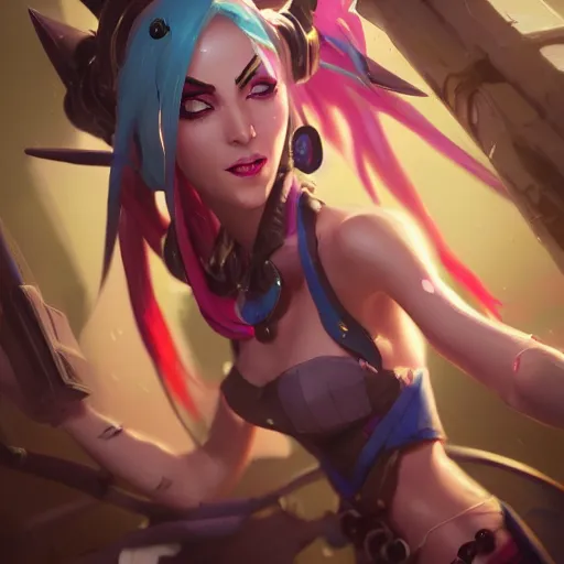 Image similar to jinx from arcane, league of legends, photorealistic, greg rutkowski, artstation,