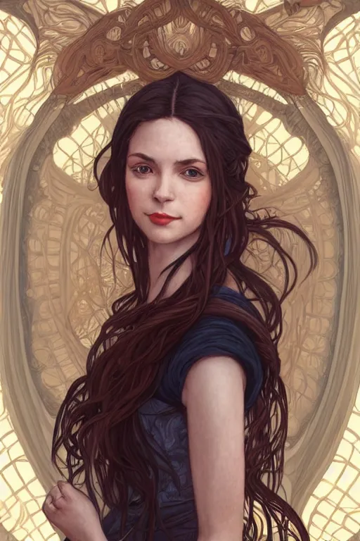 Prompt: portrait of a stern female traveler, looking at camera, D&D, stylish attire, very long flowing hair, intricate, elegant, stylish, cute smile, fantasy, extremely detailed, digital painting, artstation, concept art, smooth, sharp focus, illustration, ambient lighting, art by artgerm and greg rutkowski and alphonse mucha and simon stalenhag