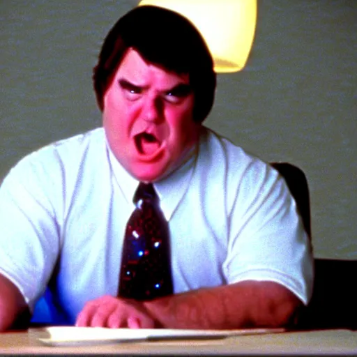 Image similar to clean - shaven chubby white man wearing a shirt and necktie sitting at a desk making a goofy face, 1 9 8 9 movie still, cinematography, cinematic lighting