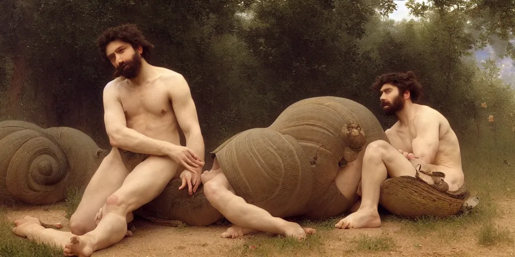 Prompt: ultra detailed and realistic painting by william - adolphe bouguereau and ilya repin and boris vallejo and albert bierstadt, rendered in 8 k unreal engine 5, we see a man wearing old clothes riding a giant snail