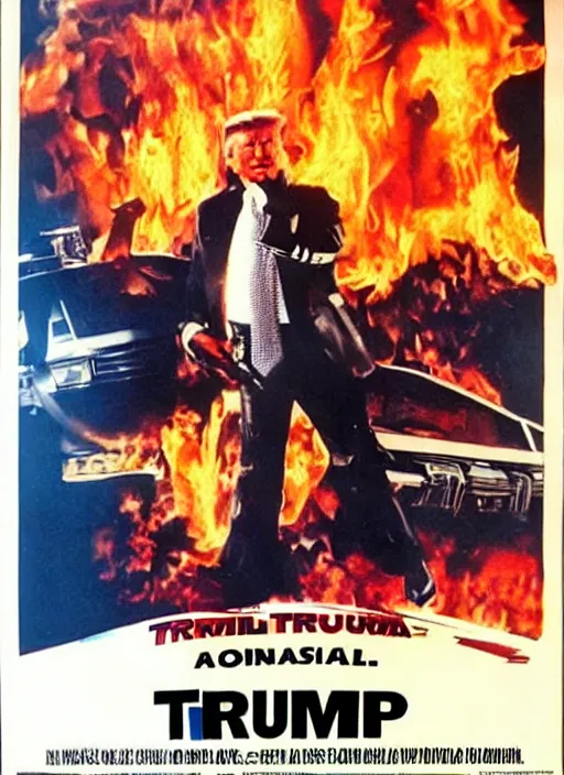 Prompt: an 8 0's john alvin action movie poster of donald trump starring in trumpster fire. dumpster explosions.