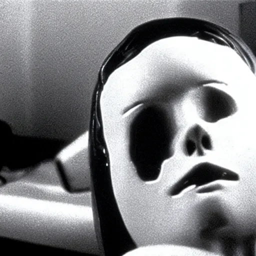 Prompt: Possession (1981) movie by Andrzej Żuławski, movie still, robot head and man head looking aside, dop
