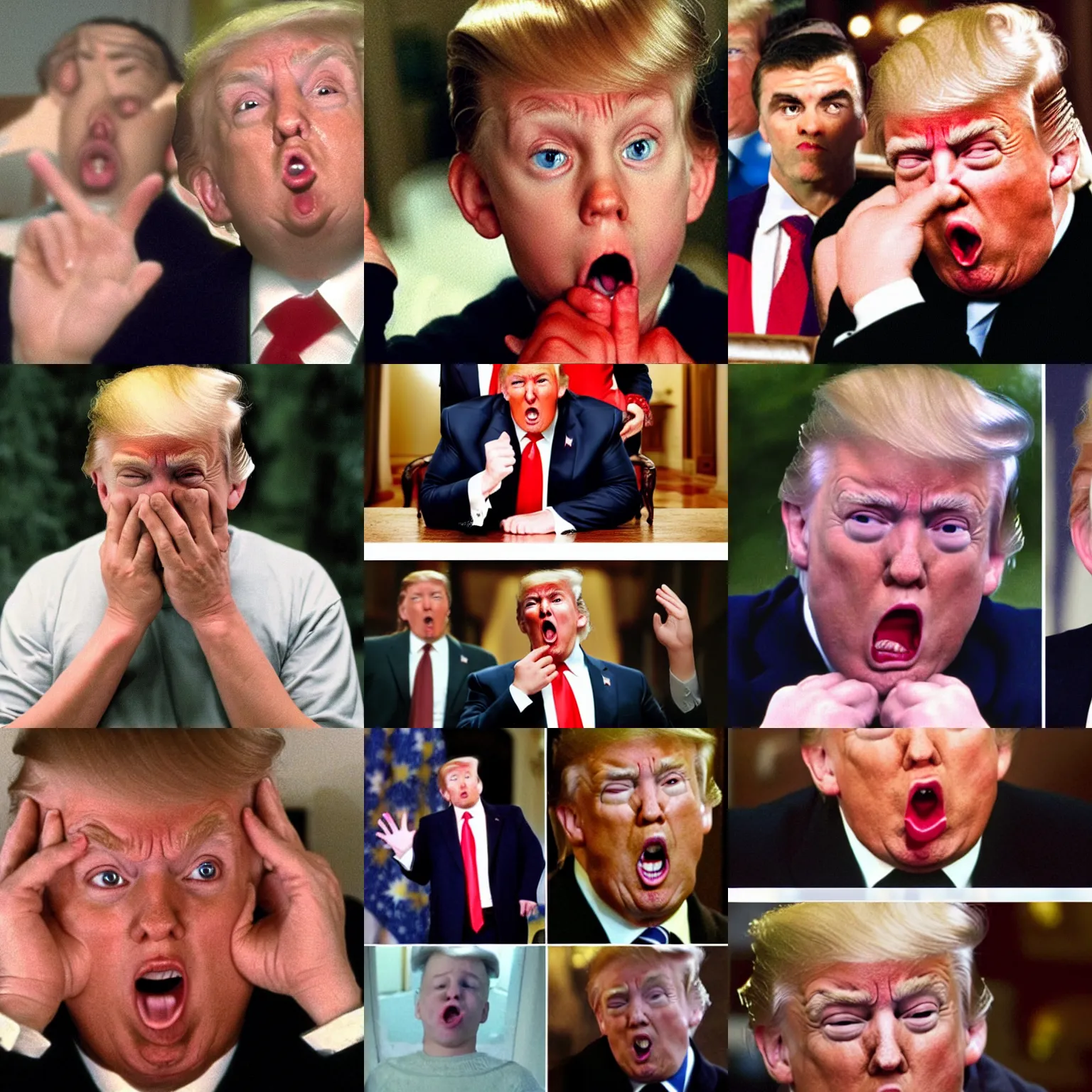 Prompt: trump with his mouth agape and his eyebrows raised and his hands on his cheeks like he's in shock. Suprised and scared expression. Kevin McAllister home alone pose. Hands on face open mouth.