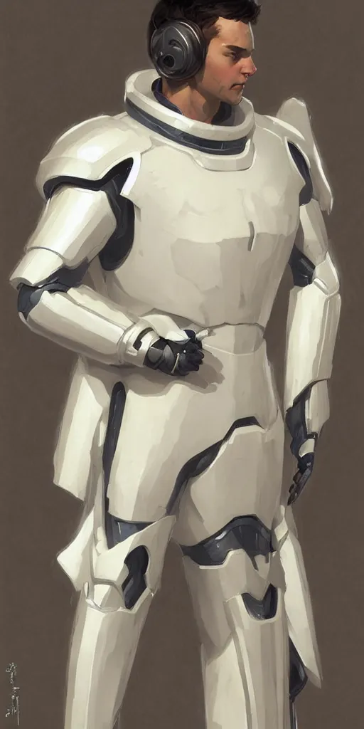 Image similar to a man with a futuristic white space armor, in the style of studio ghibli, j. c. leyendecker, greg rutkowski, artem