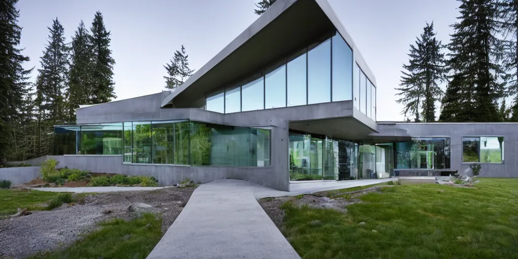 Prompt: large futuristic residence in Washington state, large windows, rectangular elements, concrete, blue and green metal