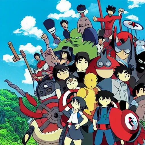 Image similar to “studio ghibli cartoon of marvel cinematic universe”