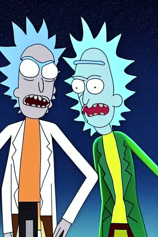 Image similar to 3d final render, hiper-realistic Rick and Morty, detailed, 8k