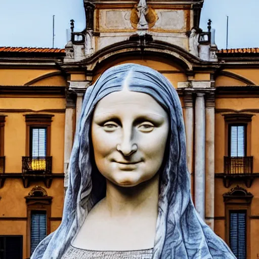 Prompt: A marble sculpture of The Mona Lisa in the middle of an empty Italian piazza, golden hour, 8k photograph, sunny day, low angle