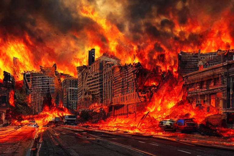 Image similar to destructive fire tornado in the city, photorealistic, highly detailed, sharp focus, vivid, colorful, symmetrical, random, convoluted, mind - blowing, creative, fully functional, end of the world, physics defying