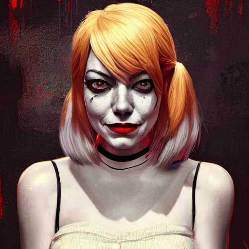 Image similar to portrait of emma stone as harley quinn, au naturel, hyper detailed, digital art, trending in artstation, cinematic lighting, studio quality, smooth render, unreal engine 5 rendered, octane rendered, art style by klimt and nixeu and ian sprigger and wlop and krenz cushart.