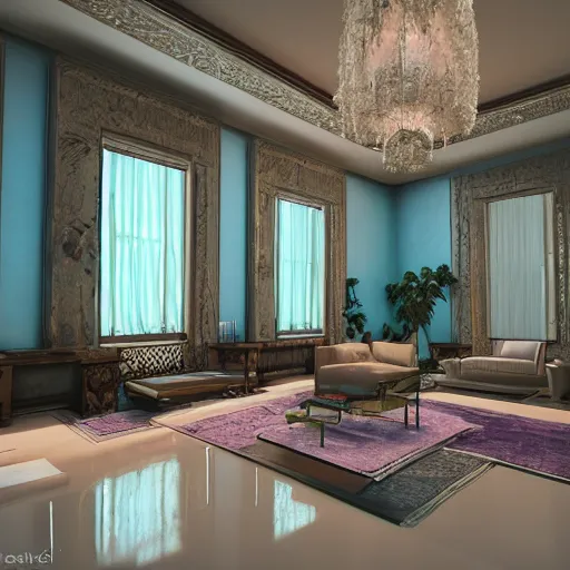 Prompt: vaporwave living room, liminal space, high detail, rendered in unreal engine, 3d render, god rays, volumetric lighting, mansion, interior, large windows, vegetation