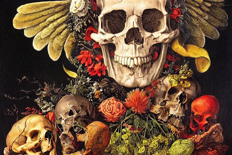 Image similar to a painting of an angel with a skull head, he is holding a tridant. by arcimboldo giuseppe