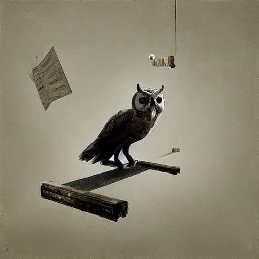 Prompt: Sapiential the smart but sad owl in style A Separate Reality: New Paintings of Dystopian Worlds by Alex Andreev