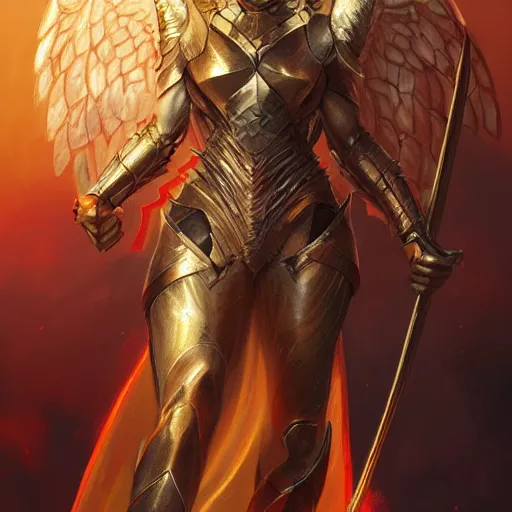 Prompt: archangel of fury, full-body portrait, D&D, fantasy, portrait, highly detailed, digital painting, artstation, concept art, sharp focus, illustration, art by artgerm and greg rutkowski and magali villeneuve, red white and gold color scheme