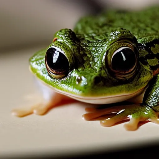 Image similar to frog in yogurt, photorealistic, close - up