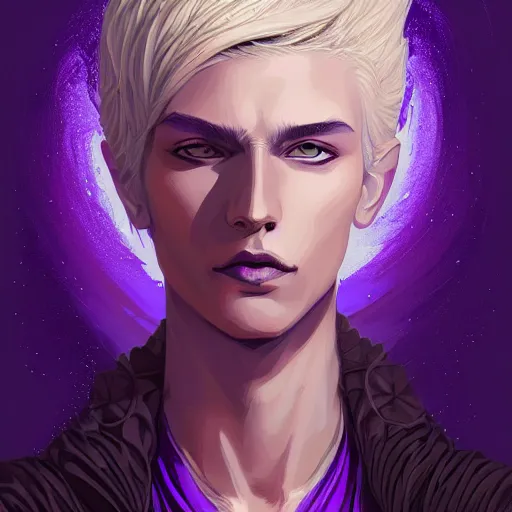 Image similar to portrait of an androgynous human mage, with dirty blonde hair, purple eyes, dnd, high fatnasy, intricate, elegant, highly detailed, digital painting, artstation, concept art, smooth, sharp focus, illustration, by anato finnstark, boissb - blanca. j, cindy avelino, clint cearley, anna podedworna