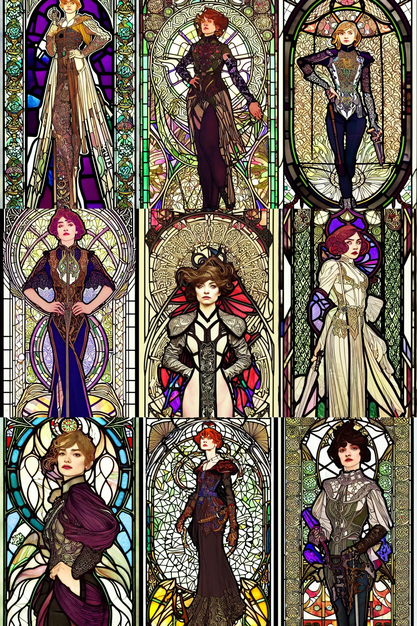 Prompt: full - body portrait, imogen poots paladin, jakub rebelka. art nouveau neo - gothic stained glass by mucha. dota. swirly intricate glass linework background. gaudy colors, sharp edges. ultra clear detailed. 8 k. elegant. octane render