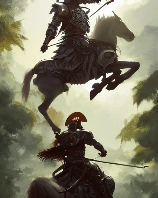 Image similar to ultra realistic illustration of a spanish conquistador wearing ornate armor and riding a horse in a dense foggy jungle environment by artgerm and and greg rutkowski and studio ghibli, octane, studio ghibli color scheme, intricate, portrait, anatomy, artstation, cinematic lighting, sharp focus, portrait, concept art, mobile game art