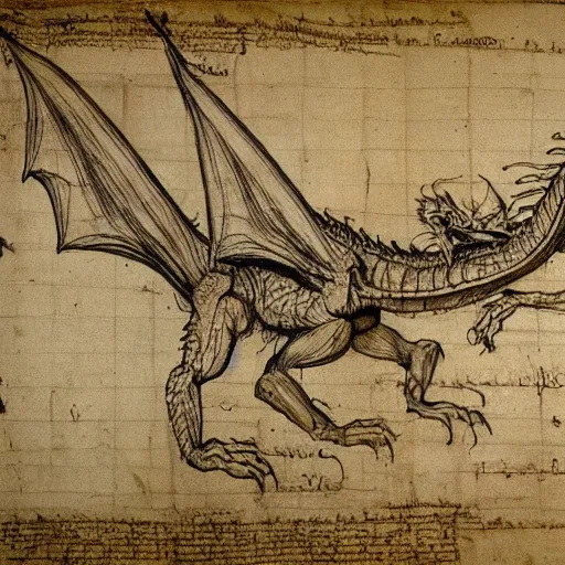 Image similar to extremely detailed anatomy sketch of a dragon with annotations by leonardo da vinci, aged parchment, scientific, technical, blueprint