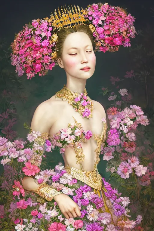 Image similar to a beautiful portrait of an empress in her garden, with a brilliant, impossible striking big flower headpiece, clothes entirely made out of flowers, symmetrical, closeup, dramatic studio lighting, rococo, baroque, jewels, asian, hyperrealism, D&D, fantasy, intricate, elegant, highly detailed, digital painting, artstation, octane render, 8k, concept art, matte, sharp focus, illustration, art by Artgerm and Greg Rutkowski and Alphonse Mucha