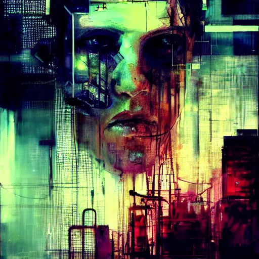 Image similar to portrait of a cyberpunk, wires, machines, in a dark future city by jeremy mann, francis bacon and agnes cecile, ink drips, paint smears, digital glitches glitchart