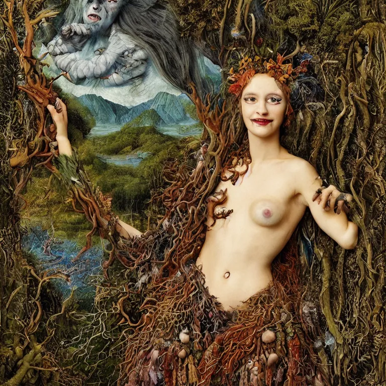 Prompt: a grinning druid dryad with goat pupils transforming herself into a mad beast. her skin is covered in scales and feathers. landscape with mountains, river and night sky. painted by jan van eyck, max ernst and ernst haeckel, trending on artstation, 8 k, award winning, hard lighting, fashion editorial