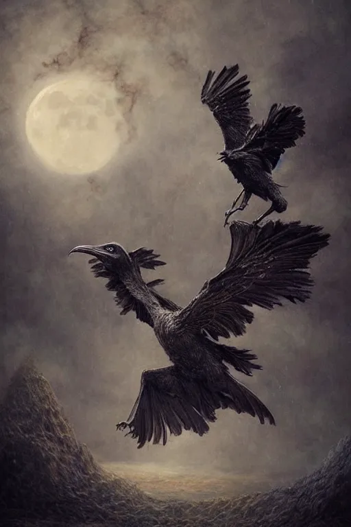 Image similar to Intricate stunning highly detailed surreal ravens by agostino arrivabene and Seb McKinnon, sculpture, ultra realistic, Horror vacui, full moon, thick swirling smoke tornado, fire embers, trending on artstation