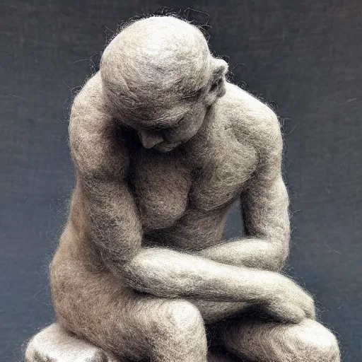 Prompt: needle felted sculpture of the thinker by rodin