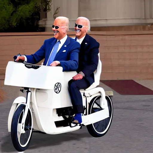 Prompt: joe biden and gandhi drunkenly riding two seater bike together, laughing and joking, photorealistic, detailed