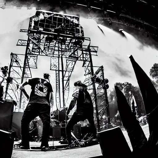 Prompt: lorna shore taking the stage at the hugest festival in the world, giant death wall, award winning photo