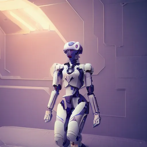 Image similar to 3 d doja cat wearing mecha armor and techwear clothing, in a room filled with beautiful house plants, futuristic, white, clean, bohemian, video game style, square enix style, beautiful colors, i robot colors, octane render, dynamic lighting, highly detailed, character art