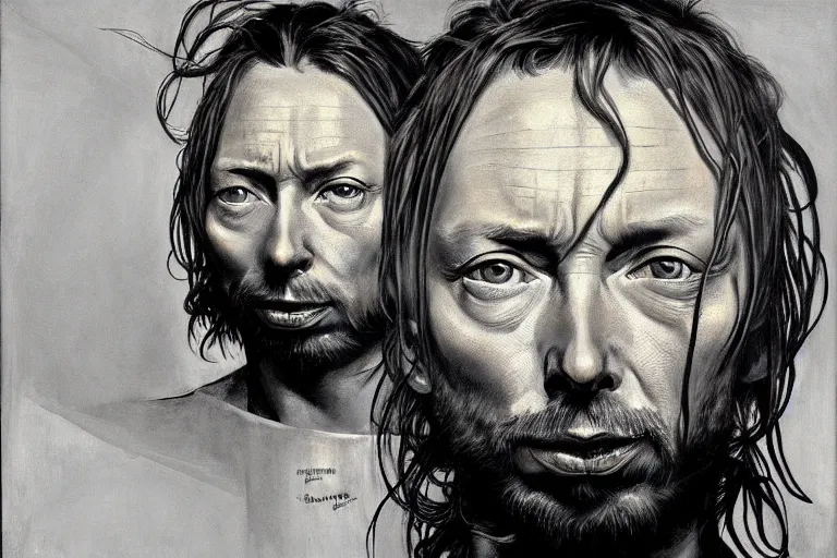 Image similar to hyper realistic portrait of ( ( ( thom yorke ) ) ) singer songwriter, side, liminal space, by lee bermejo, alphonse mucha and greg rutkowski