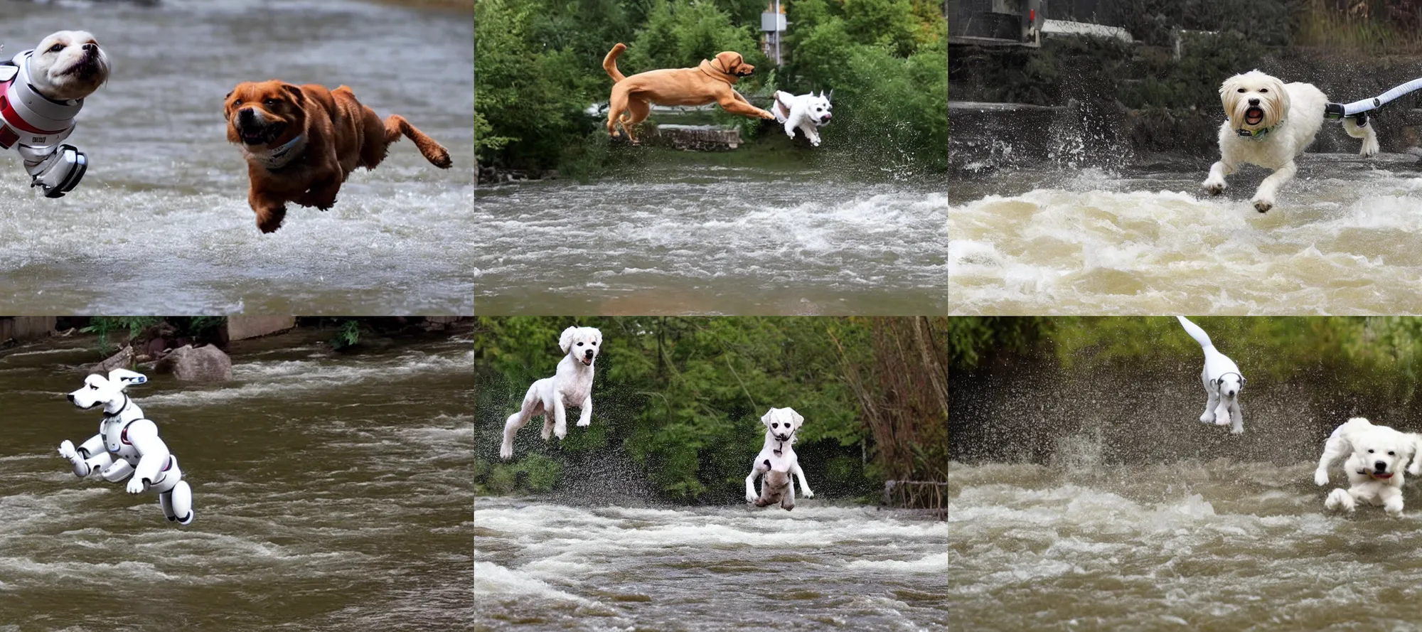 Prompt: robotic dog leaps over a raging river