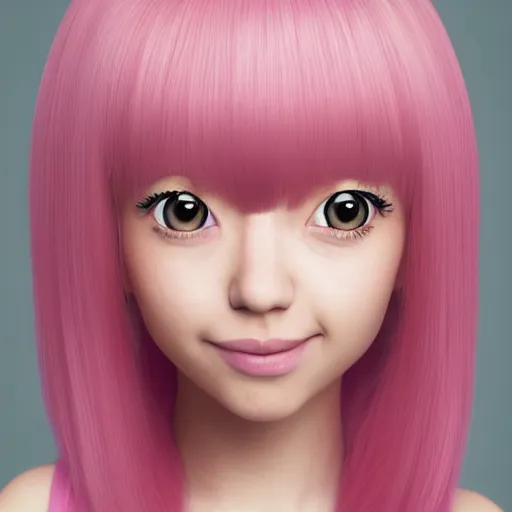 Image similar to A portrait of Nikki from Shining Nikki and Love, a cute 3d cgi toon young woman with long light pink hair, full bangs, hazel eyes, full face, light makeup, pale skin, Chinese heritage, cute outfit, medium shot, mid-shot, hyperdetailed, 8k, trending on artstation, as a Pixar character