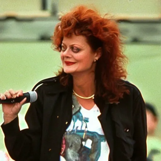 Image similar to 1 9 9 0 s video still of susan sarandon, wearing hip hop urban clothing, rapping on stage at a small outdoor concert, vhs artifacts